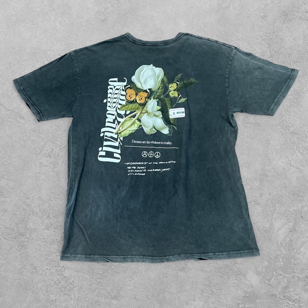Civil Regime Dreams Graphic Tee XL Black Wash Floral Butterfly NWT